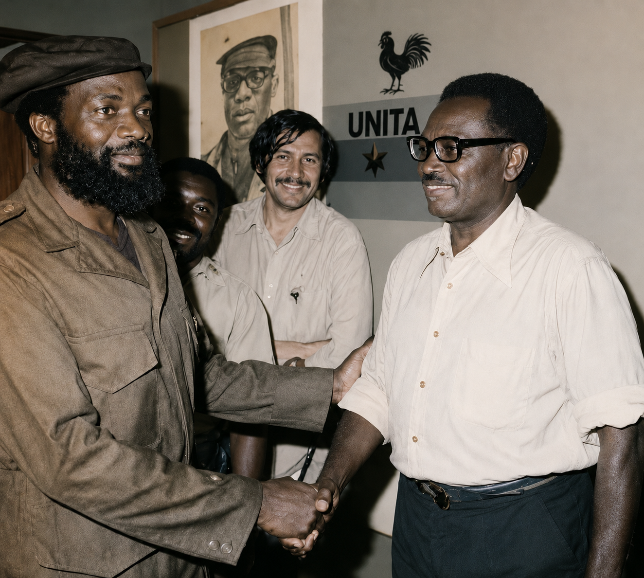 Agostinho Neto e Jonas Savimbi durante histórico encontro de paz no Luso, província do Moxico, em dezembro de 1974