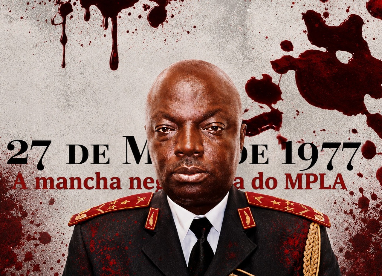 Montagem fotográfica de Bento Santos Kangamba fardado com insígnias militares, tendo ao fundo manchas de sangue e retratos históricos de líderes do MPLA sobre o massacre de 27 de Maio de 1977 em Angola.