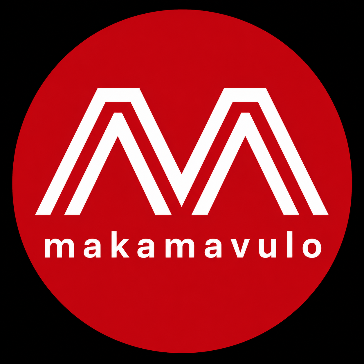 Logotipo circular vermelho da Makamavulo com símbolo moderno em branco e fundo preto.
