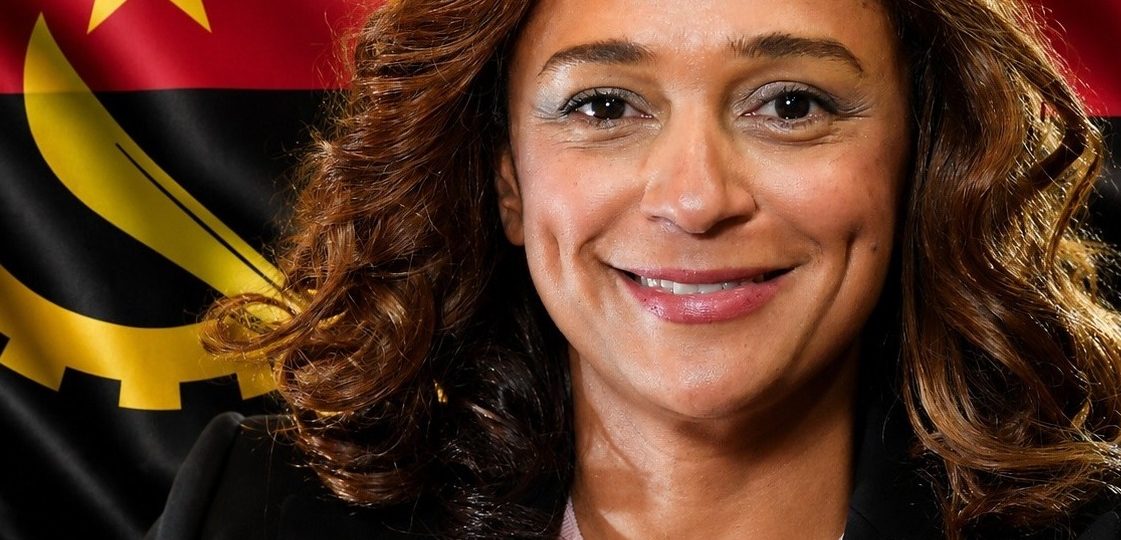 Retrato da engenheira Isabel dos Santos com a bandeira de Angola ao fundo após decisão favorável do Tribunal da Relação de Lisboa, em Portugal.