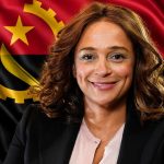 Retrato da engenheira Isabel dos Santos com a bandeira de Angola ao fundo após decisão favorável do Tribunal da Relação de Lisboa, em Portugal.