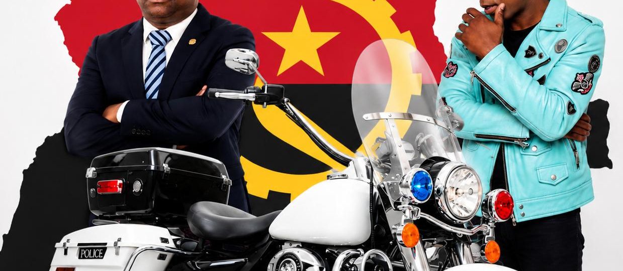 Ao centro, destaca-se uma moto de escolta policial de alta cilindrada, de cor branca, com o letreiro "POLICE" e pirilampos instalados. À esquerda, em plano médio, surge o Ministro do Interior, Manuel Homem, de braços cruzados vestindo um fato escuro e gravata às riscas. À direita, o cantor Nelson Freitas surge de perfil, com óculos de sol e casaco de pele azul-turquesa, em atitude reflexiva. Ao fundo, preenchendo o cenário, destaca-se o mapa de Angola estilizado com as cores e símbolos da bandeira nacional.