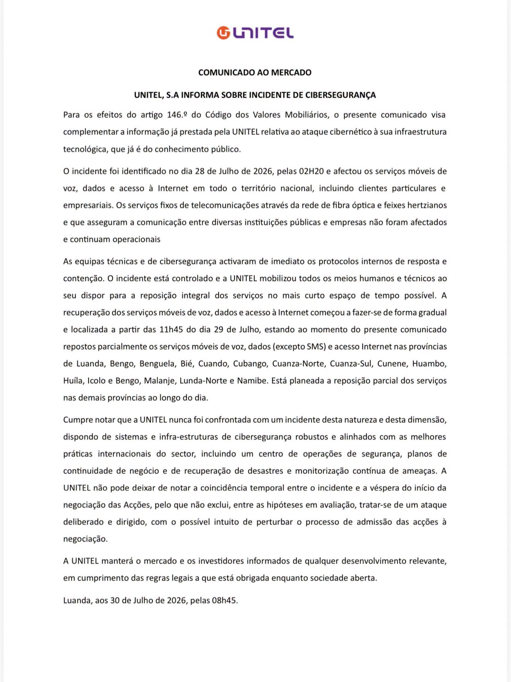 COMUNICADO AO MERCADO UNITEL, S.A INFORMA SOBRE INCIDENTE DE CIBERSEGURANÇA